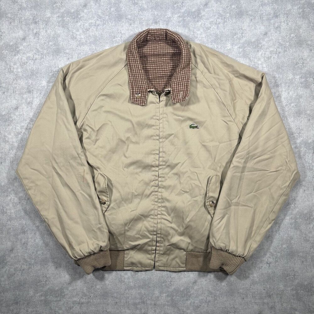 Vintage 80s Lacoste Mens L Tan Brown Houndstooth Reversible Bomber Harrington